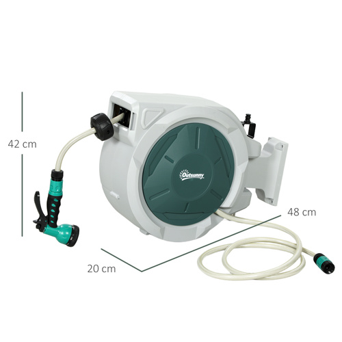 Outsunny Retractable Hose Reel Wall Mounted, 20+2m Garden Hose Pipe Reel with Lock, Auto Rewind, 7 in 1 Spray Nozzle, Includes Wall Fixings, 180° Swivel, Outdoor Watering, 54 x 20 x 39 cm, Light Grey