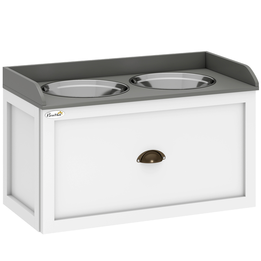 PawHut Stainless Steel Raised Dog Bowls, with 21L Storage Drawer for Large Dogs and Cats - White