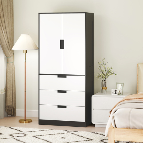 HOMCOM 2 Door Wardrobe, Modern Wardrobe with 3 Drawers and Hanging Rod for Bedroom, Black