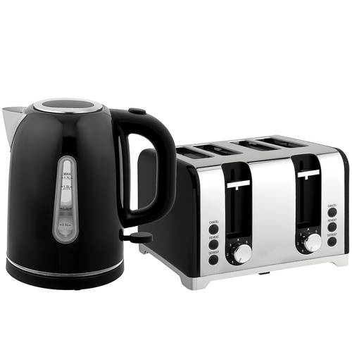 HOMCOM Kettle and Toaster Set, 1.7L 3000W Rapid Boil Jug Kettle with Otter Thermostat, Limescale Filter, 4 Slice Toaster with 7 Browning Controls, Crumb Tray, LED Strip, Black