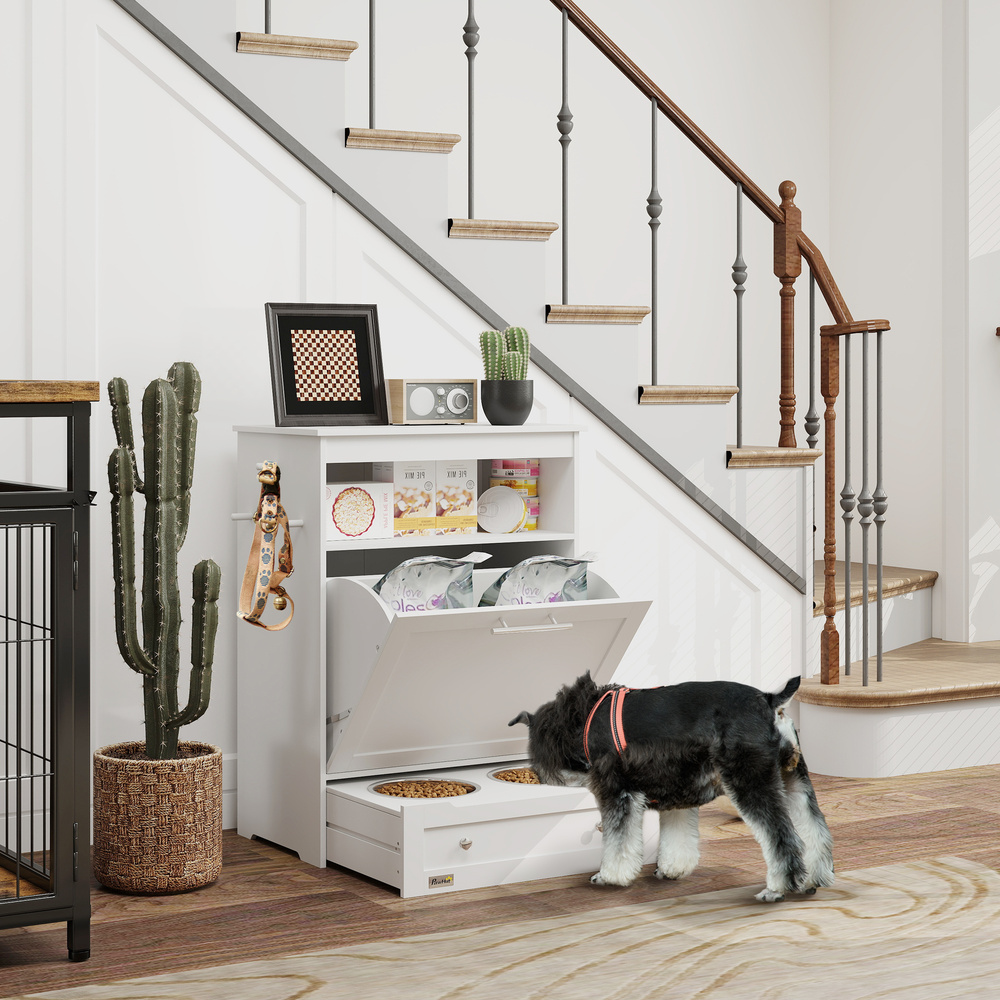 PawHut Pet Feeder Station, Dog, Cat Storage Container, with Raised Bowls, Hanger, Cabinet - White