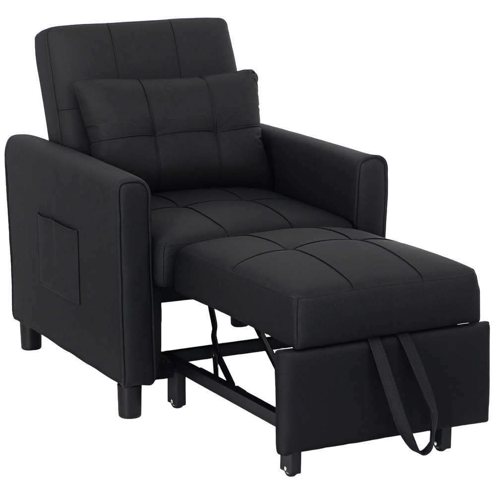 HOMCOM 3-In-1 Linen-Look Single Chair Bed with 11cm Thick Adjustable Back & Eucalyptus Wood Sofa Frame - Black