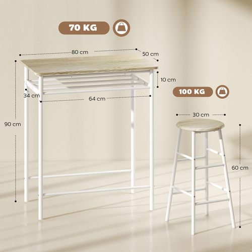 HOMCOM Bar Table Set, Bar Table and Stools Set, Footrest and Storage Shelf, for Kitchen, Dining Room, Pub, Cafe, White and Oak