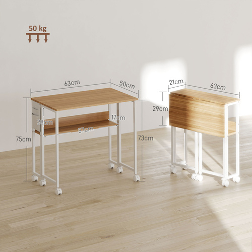 HOMCOM 63 cm Drop Leaf Writing Work Desk - Natural Wood Finish