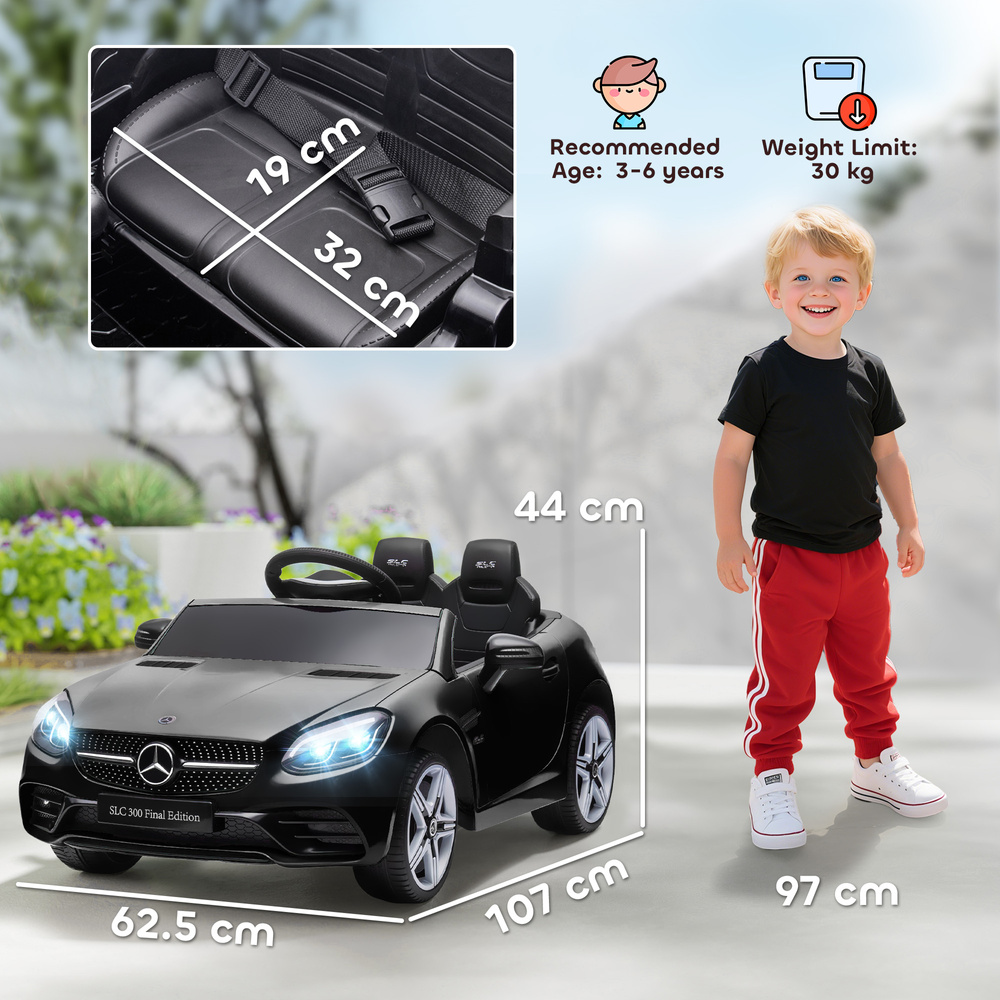 HOMCOM Benz SLC 300 Licensed 12V Kids Electric Ride On, with Music, Remote Control, LED Headlights, Horn, Black