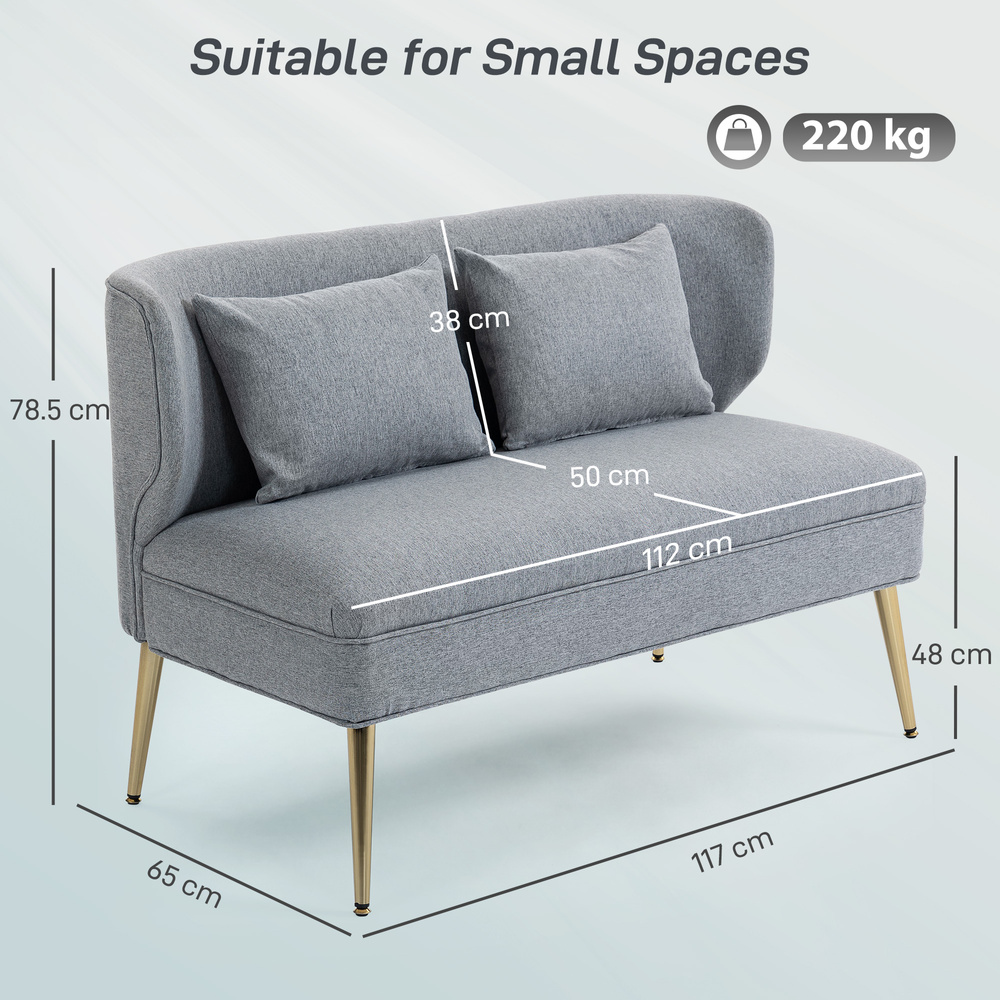 HOMCOM 2 Seater Sofa, Linen-look Fabric Small Sofa with Wing Back, Thick Seat, Metal Legs, Light Grey