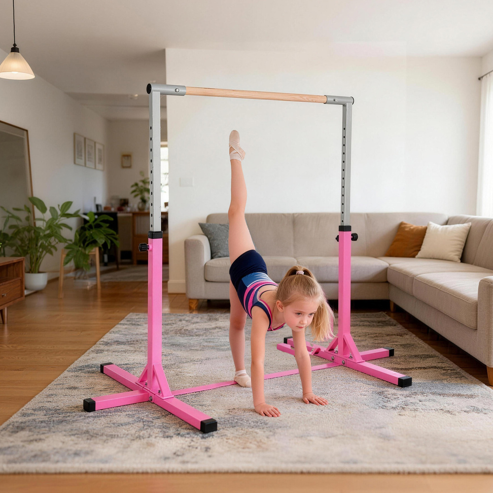 HOMCOM Height Adjustable Gymnastics Horizontal Bar for Kids, Children Junior Kip High Bar Fitness, Pink