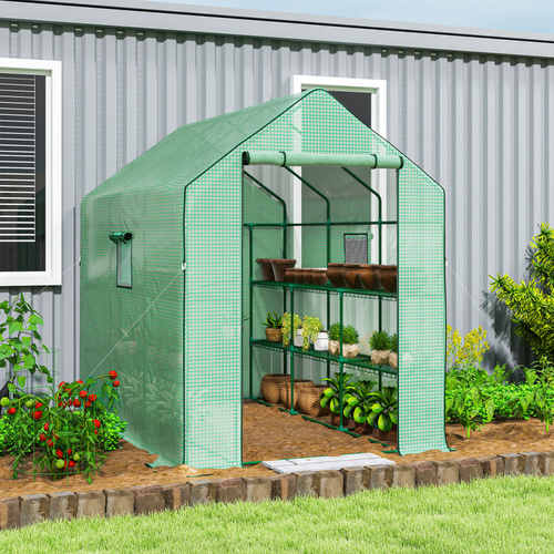 Outsunny Walk-in Greenhouse with 3 Tier 12 Shelves, Small Greenhouse with Reinforced PE Cover, Garden Plant Growhouse with Roll-up Door and Three Mesh Windows, 140 x 213 x 190 cm, Green