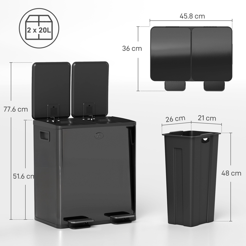 HOMCOM 40L Dual Compartment Stainless Steel Bin, with Deodoriser Holders - Glossy Black