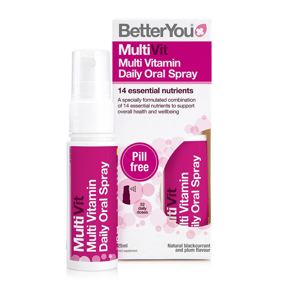 BetterYou MultiVit Oral Spray Strawberry and Kiwi with 14 Vitamins and Minerals 25ml