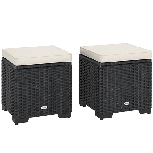 Outsunny Set of 2 Rattan Storage Ottoman, Outdoor Footstool with Removable Cushions, Garden Storage Seat for Balcony, Porch, Living Room, Cream
