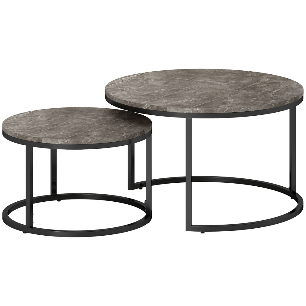 HOMCOM Industrial Nesting Coffee Table Set of 2, Round Coffee Tables, Living Room Table with Faux Marbled Top and Steel Frame