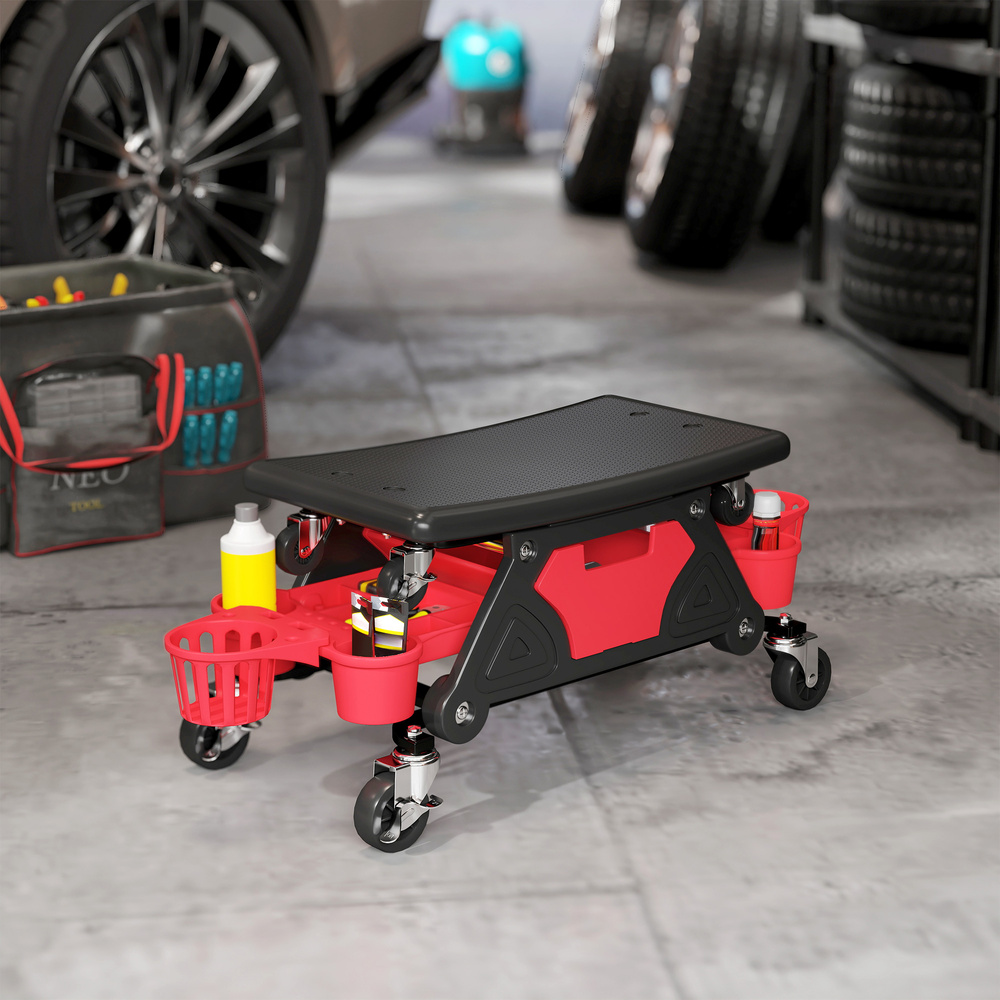 HOMCOM Rolling Mechanic Stool, 135kg Capacity Workshop Stool with 360° Swivel Wheels, Roller Creeper Seat with Slide Out Tool Trays, Drawer, Bottle Holders for Garage, Shop, Auto Repair, Red