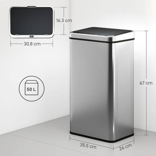 HOMCOM 50L Sensor Bin with Quiet Soft-Close Lid, Automatic Touchless Motion Sensor Kitchen Bin with Fingerprint Resistant Stainless Steel for Hygienic Gyms, Home Office Use, Silver Tone