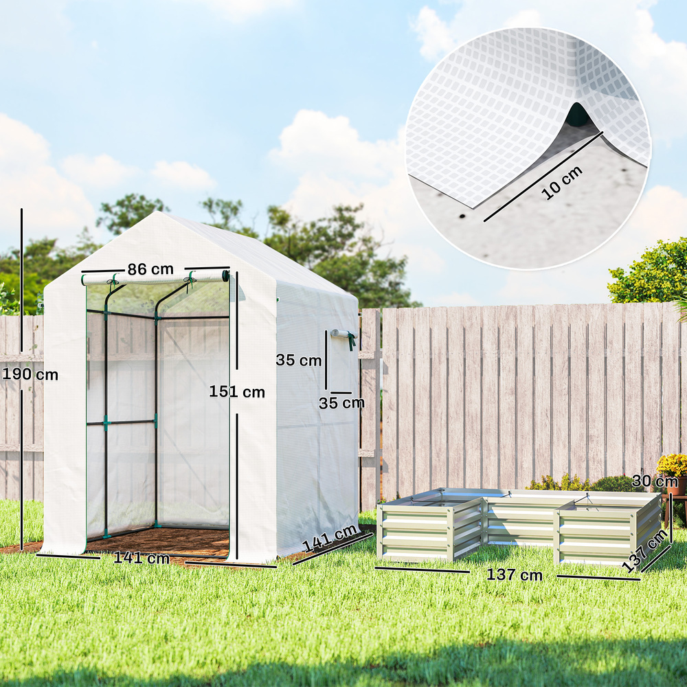 Outsunny Small Greenhouse with Raised Garden Bed, Galvanised Walk-in Greenhouse with Roll Up Windows, 141 x 141 x 190 cm, White