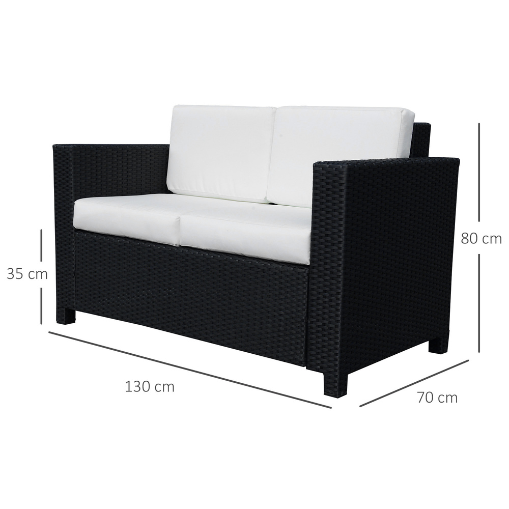 Outsunny Rattan Sofa, 2 Seater Garden Furniture with Soft Padded Cushion and Armrests, Wicker Garden Loveseat for Patio, Black