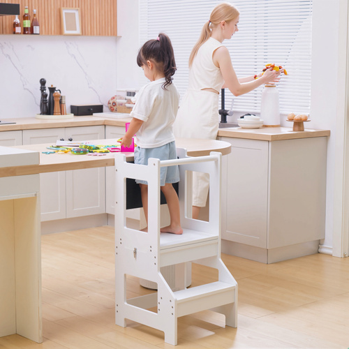 HOMCOM 2 in 1 Kids Kitchen Step Stool with Safety Rail Toddler Steps with Chalkboard for Kitchen Bathroom, White
