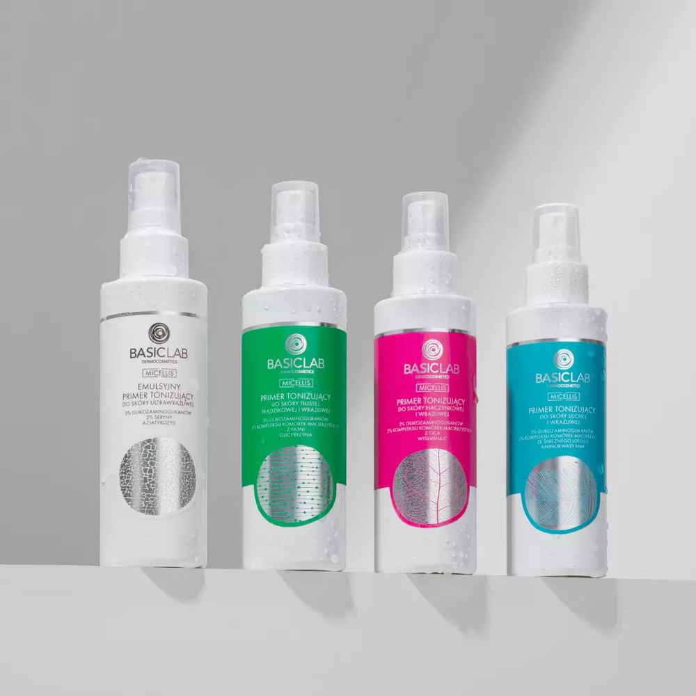 BasicLab Micellis Primer Tonizujący 3% Glikozaminoglikanów 2% Kompleksu Komórek Macierzystych ze Śnieżnego Lotosu Aminokwasy NMF dla Skóry Suchej i Wrażliwej 150ml Best Before 30.04.26