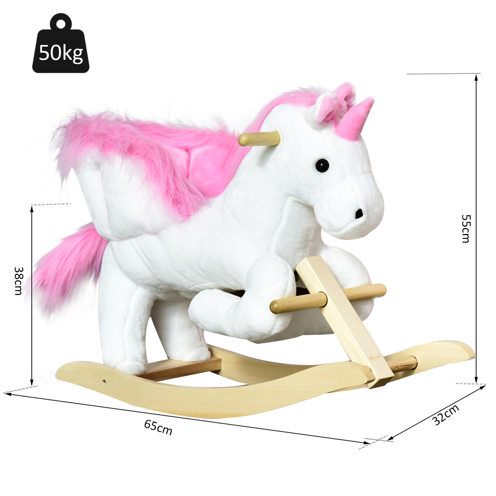 HOMCOM Kids Rocking Horse Toy, Plush Unicorn Rocker Seat with Wood Base and Music, for 1.5-3 Years