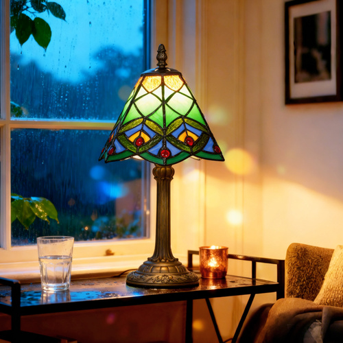 HOMCOM Tiffany-Style Table Lamp with Geometric Patterns, Handcrafted Antique Stained Glass Bedside Lamp for Living Room and Bedroom, E27 Socket, Green