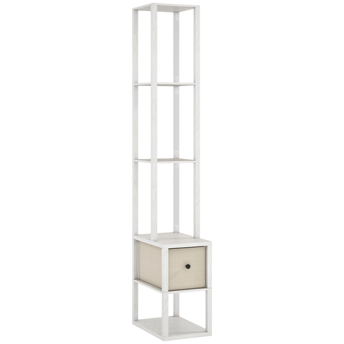 HOMCOM Floor Lamp with Shelves, LED Column Modern Standing Lamp with Fabric Drawer, Adjustable Brightness, Foot Switch for Living Room, Bedroom, Office, White