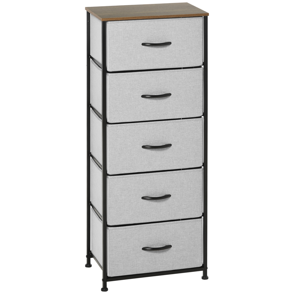 HOMCOM Fabric Chest of Drawers, Industrial Bedroom Dresser with 5 Fabric Drawers, Steel Frame and Wooden Top for Nursery, Living Room, Hallway, Grey