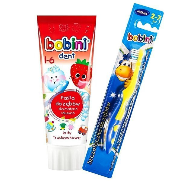 BOBINI Pasta dla dzieci lody truskawkowe powyżej 1 - go roku życia 75ml +szczoteczka 1+ niebieska lub zielona