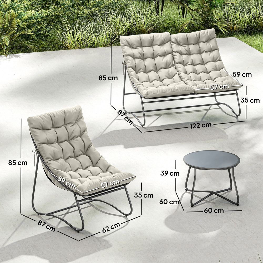 Outsunny 4 Seater Garden Furniture Set, Conversation Set with Loveseat Sofa, Chairs, Glass Coffee Table, Thick Cushions, Steel Outdoor Sofa for Balcony, Poolside, Conservatory, Light Grey