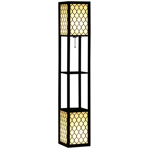 HOMCOM Floor Lamp with Shelves, Modern Tall Standing Lamps with Fabric Lampshade, Chain Switch and Dual Light for Living Room, Bedroom, Bulb not Included, Black