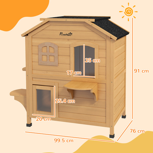 PawHut 2-story Cat House Outdoor, Weatherproof Wooden Cat Enclosure for Feral Cats with Escape Door, Openable Roof, Jumping Platforms, Natural Wood Finish