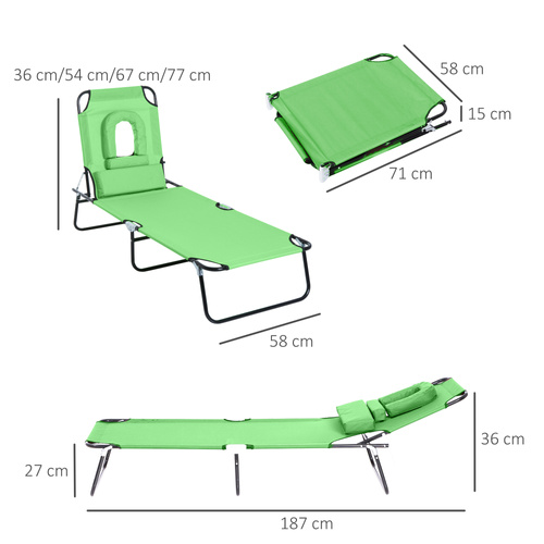 Outsunny Folding Sun Lounger with Face Hole, 4-Position Adjustable Backrest Garden Recliner Chair Sunbed, Outdoor Lounge Chair with 600 D Oxford Cloth Seat, Pillow for Beach, Green