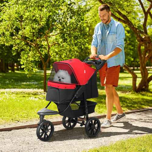 PawHut Dog Stroller Foldable Pet Pram, 3 Wheels Dog Pushchair with Brake, for Small Miniature Breeds, Cats, Red