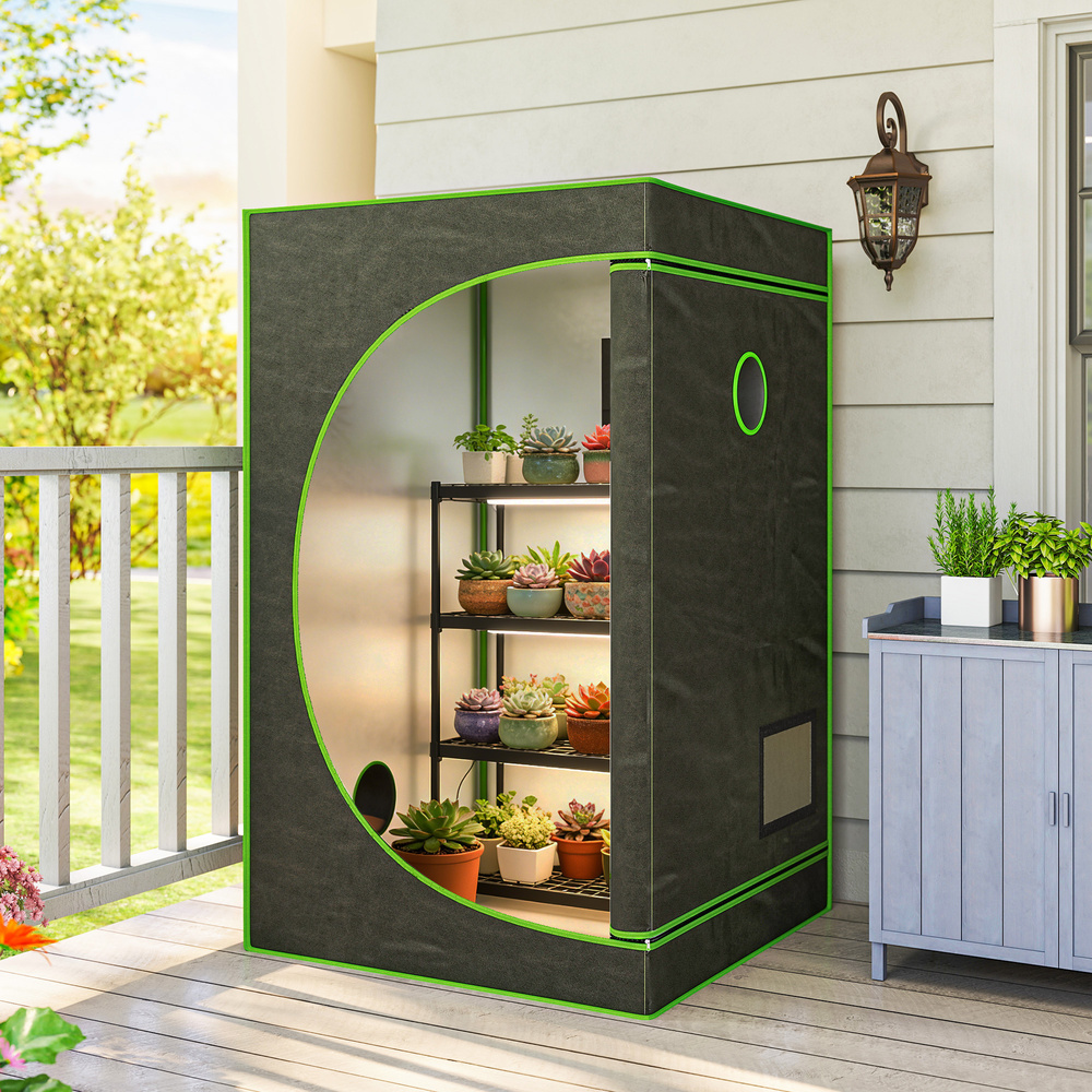 Outsunny Grow Tent 120 x 120 x 200 cm, Reflective Mylar Hydroponic Growing Tent with 600D Oxford Fabric, Observation Window, Vent, Zipper Door for Indoor Plant Growing, Black