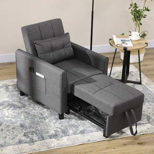 HOMCOM 3-In-1 Linen-Look Single Chair Bed with Adjustable Back & Eucalyptus Wood Sofa Frame - Grey