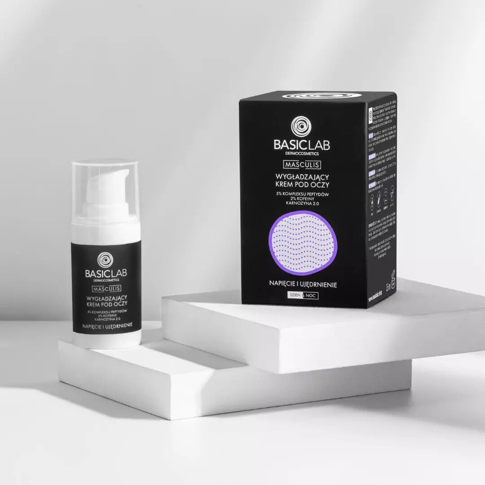 BasicLab Masculis Smoothing Eye Cream 5% Peptide Complex 2% Caffeine 2.0 Carnosine Tension and Firming for Men Day and Night 15ml