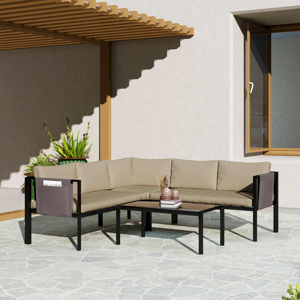 Outsunny 5 Seater Garden Corner Sofa Set, 4 Pieces Metal Garden Furniture Set with Loveseats, Glass Top Coffee Table, Breathable Mesh Pocket, Outdoor Conversation Furniture with Cushions, Khaki
