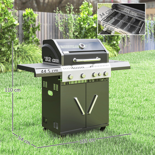 Outsunny 4+1 Burner Gas BBQ Grill with Clear View Lid, Portable Gas Barbecue Grill with Built-in Thermometer, Side Table, Cabinet, Wheels, Grease Tray for Garden Party Outdoor Cooking, Black