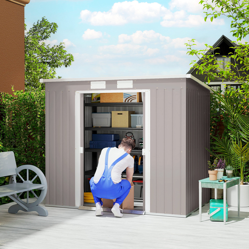 Outsunny 7 x 4ft Galvanised Steel Garden Shed, with Foundation Kit - Grey