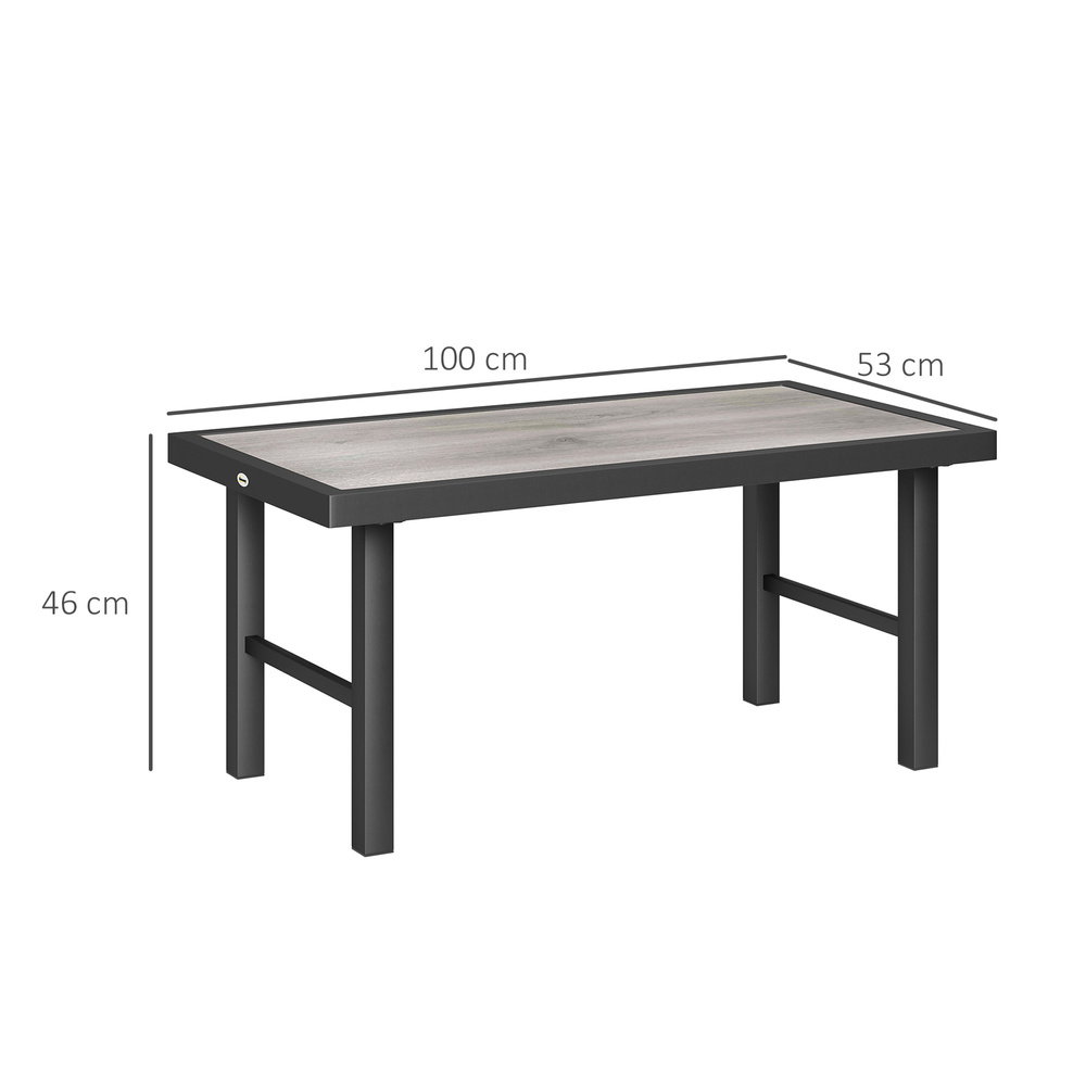 Outsunny Metal Garden Coffee Table, Outdoor Side Table with SPC Woodgrain Tabletop for Outside, Garden, Balcony, Porch, 100 x 53 x 46cm, Grey