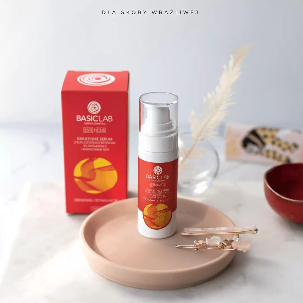 BasicLab Dermocosmetics Emulsyjne Serum z 0,3% Czystego Retinolu 3% Witaminą C i Koenzymem Q10 Odnowa i Stymulacja dla Skóry Problematycznej na Noc 15ml