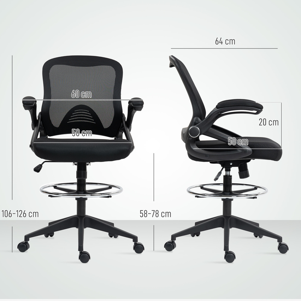 Vinsetto Drafting Chair with Flip-up Armrest, Mesh Office Stool with Foot Ring, 360 Degree Swivel Height Adjustable Chair for Standing Desk, Black