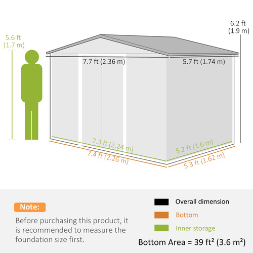 Outsunny 7.7 x 5.7ft Metal Garden Shed, Galvanised Outdoor Tool Storage House with Ventilation Slots and Sliding Doors, Grey