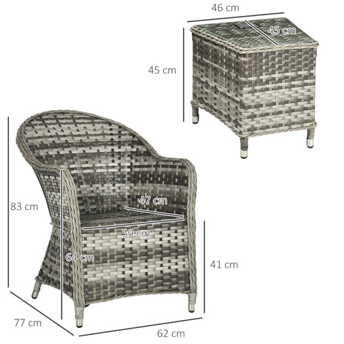Outsunny 3 Pieces Rattan Bistro Set, Wicker Garden Bistro Set, Glass Top Balcony Table and Chairs with Cushions for Outdoor, Patio, Balcony, Grey