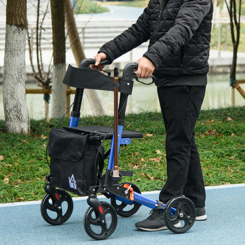 HOMCOM Portable Rollator Walker with 6 Adjustable Height and Dual Brakes for travel and Dailt Use, Blue