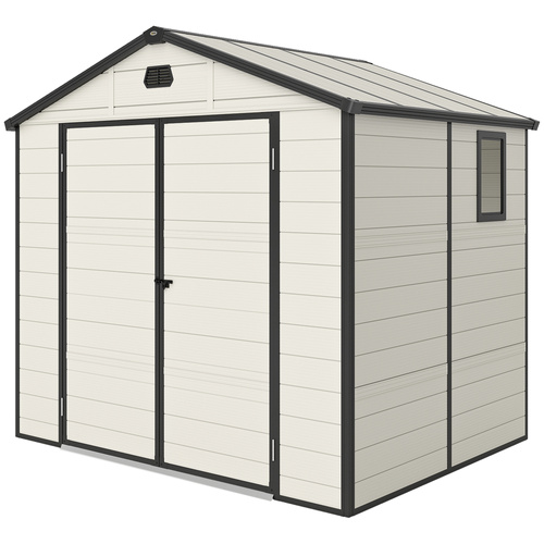 Outsunny 7.9ft x 6.2ft Recycled Garden Shed with Aluminium Frame and Plastic, Wall Shed with Foundation, Waterproof and Rustproof - Cream White