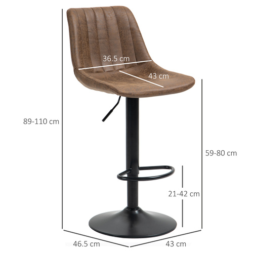 HOMCOM Breakfast Bar Stools Set of 2, 59-80cm Sitting Hight Leather Upholstered Bar Chairs - Brown