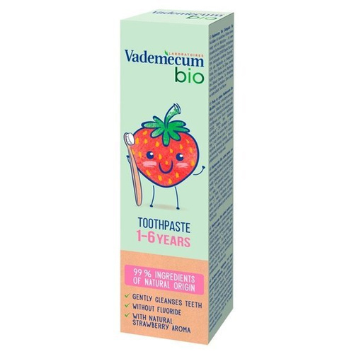 Vademecum Bio Kids Pasta do zębów dla dzieci 1-6 Strawberry 50ml bez fluoru + szczoteczka bambusowa gratis