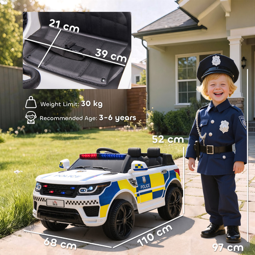 HOMCOM 12V Electric Car for Kids, Ride on Police Car with 2 Motors, Remote Control, Siren Flashing Lights, Suspension, USB, Auxiliary Wheels, Pull handle, for 3-6 Years, White