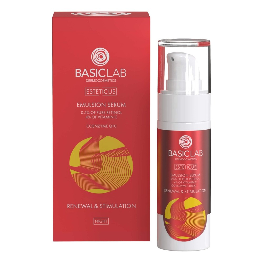 BasicLab Dermocosmetics Emulsyjne Serum z 0,5% Czystego Retinolu 4% Witaminy C i Koenzymem Q10 Odnowa i Stymulacja 30ml