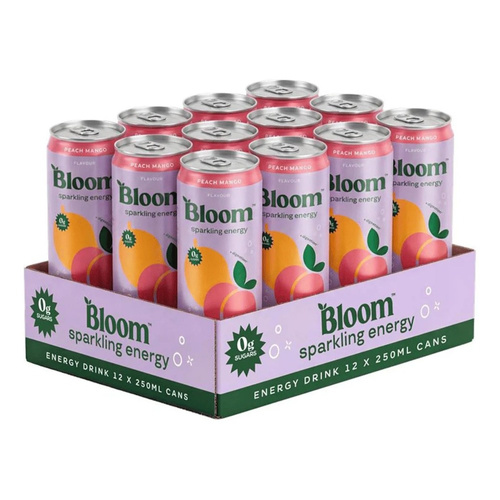 Bloom Sparkling Energy Drink, Peach Mango 12 x 250ml.